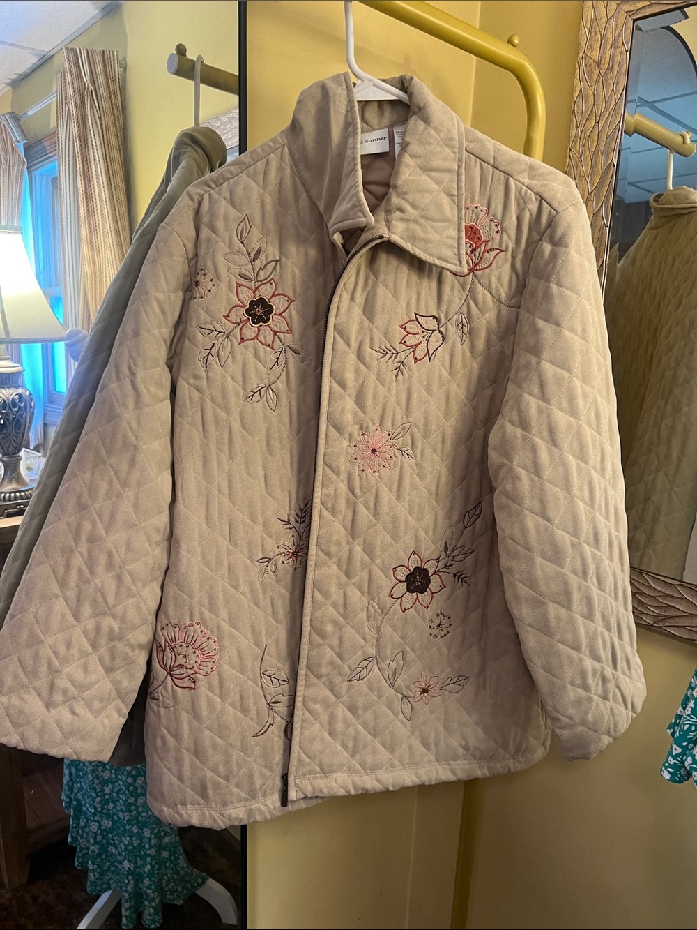Alfred Dunner Beige Quilted Floral-Embroidered Puffer Jacket